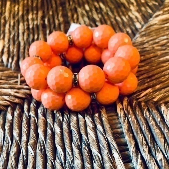 ๐J Crew Bundle of Two Chunky Peach Faceted Bead Stretch Bracelets w Rhinestones - Picture 2 of 6